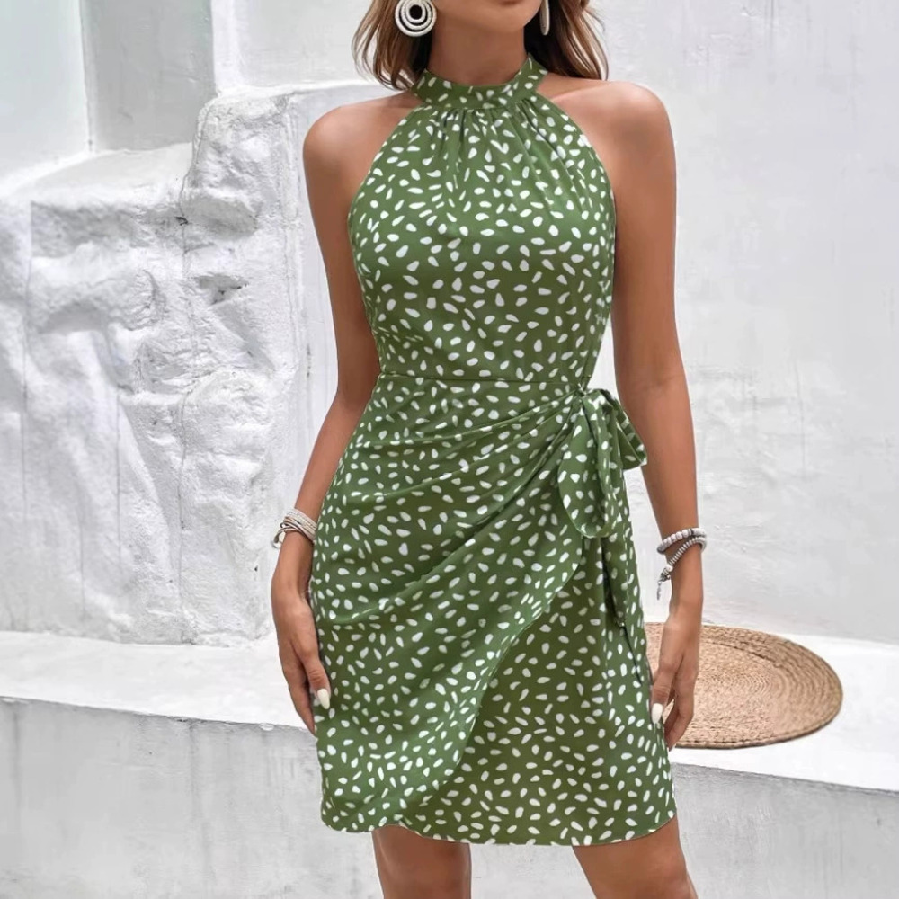 Zara Tie Waist Polka Dot Ruffled Sleeveless Halter Dress